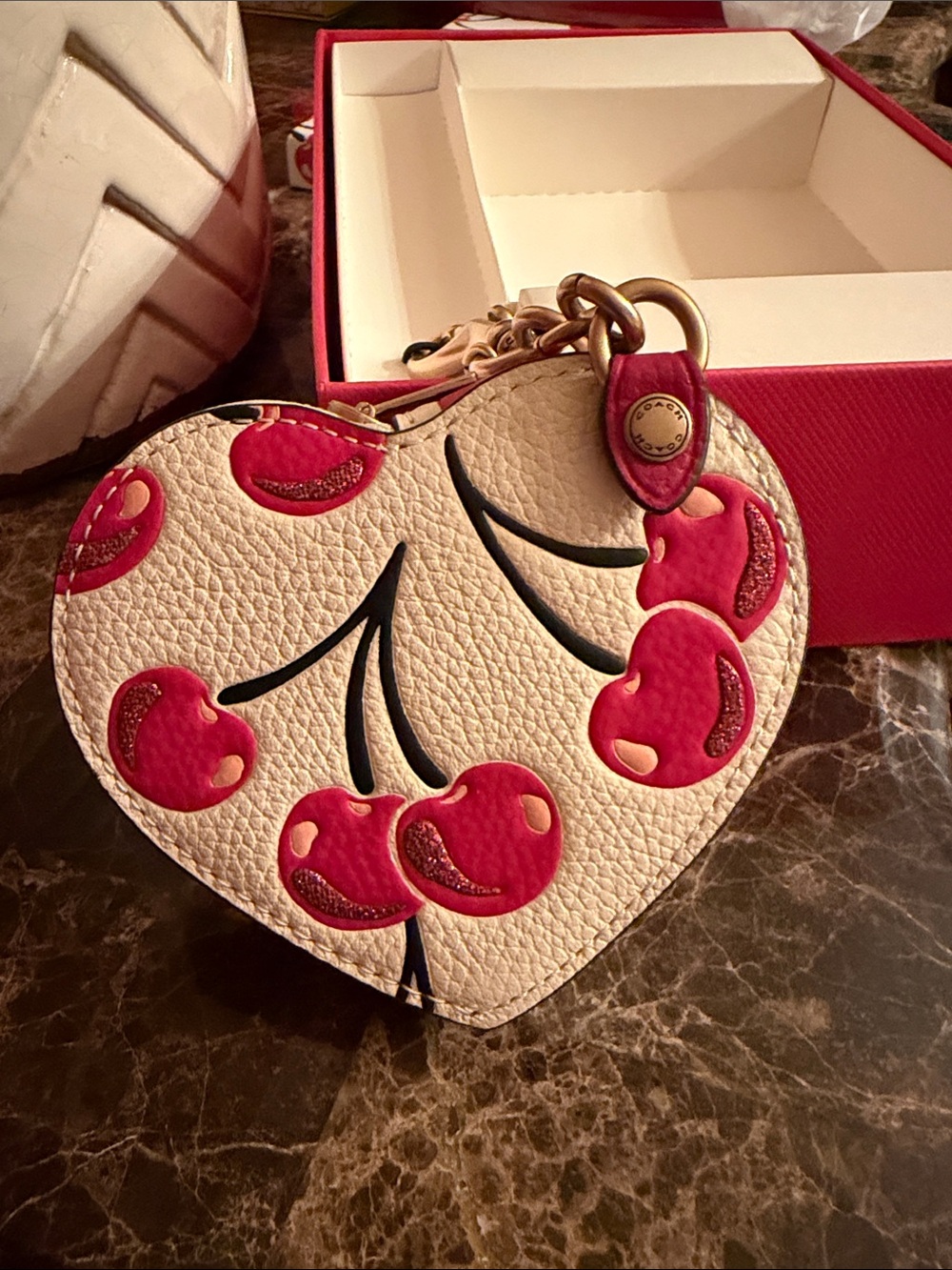 Coach Heart NIB Cherry Coin Purse in White and Red With Cherries Brass/Chalk